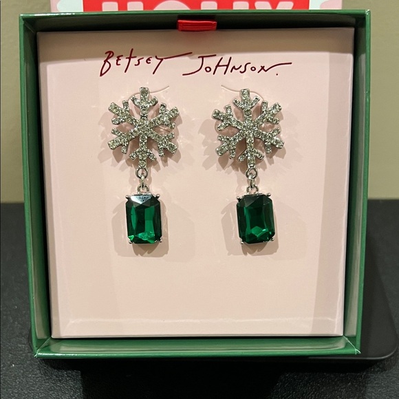 Betsey Johnson Jewelry - Betsey Johnson | Crystal Snowflake Earrings w/ Emerald Green Gem